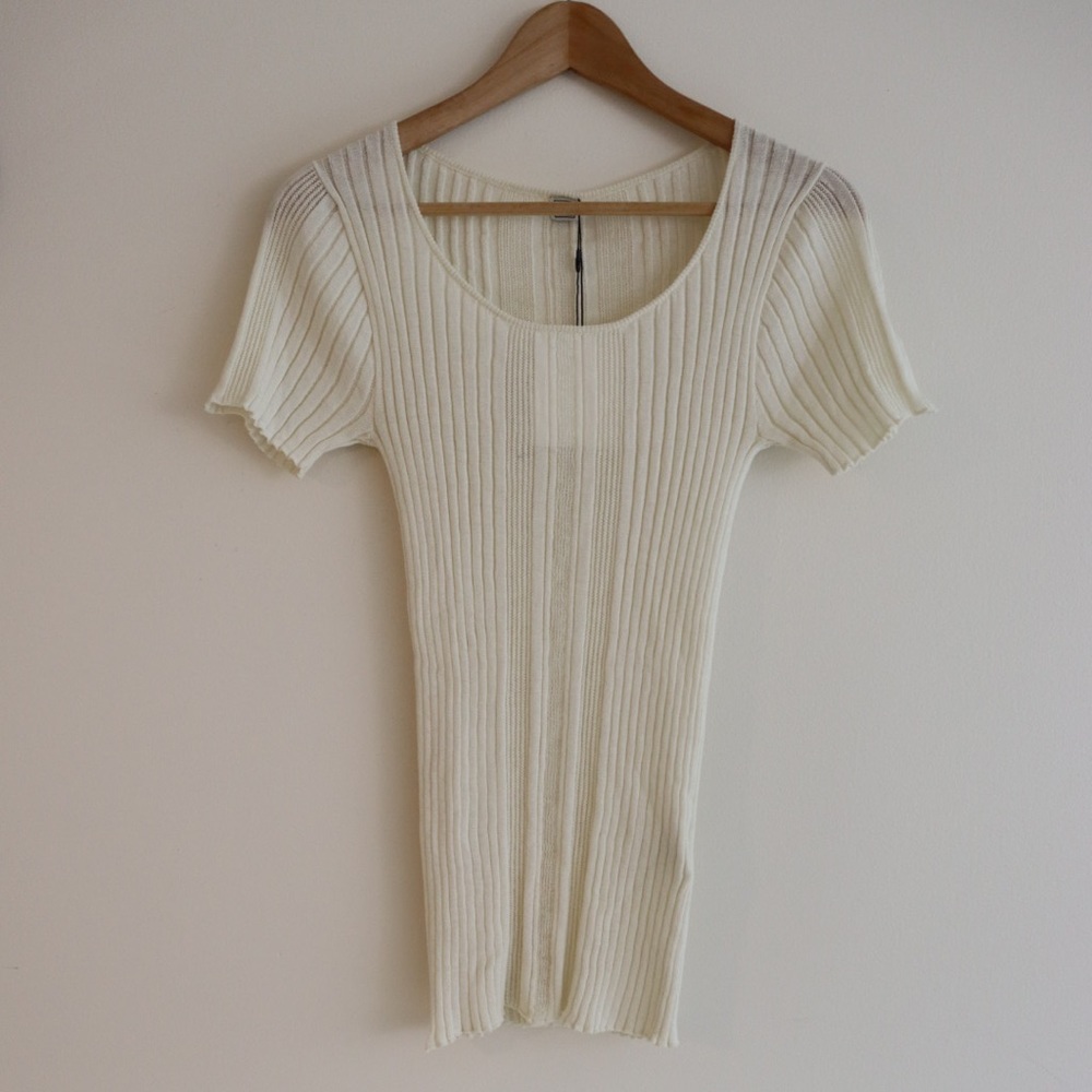Toteme Irregular Rib Knit Tee in Dessert / Ivory Sheer Cotton Blend Women’s M